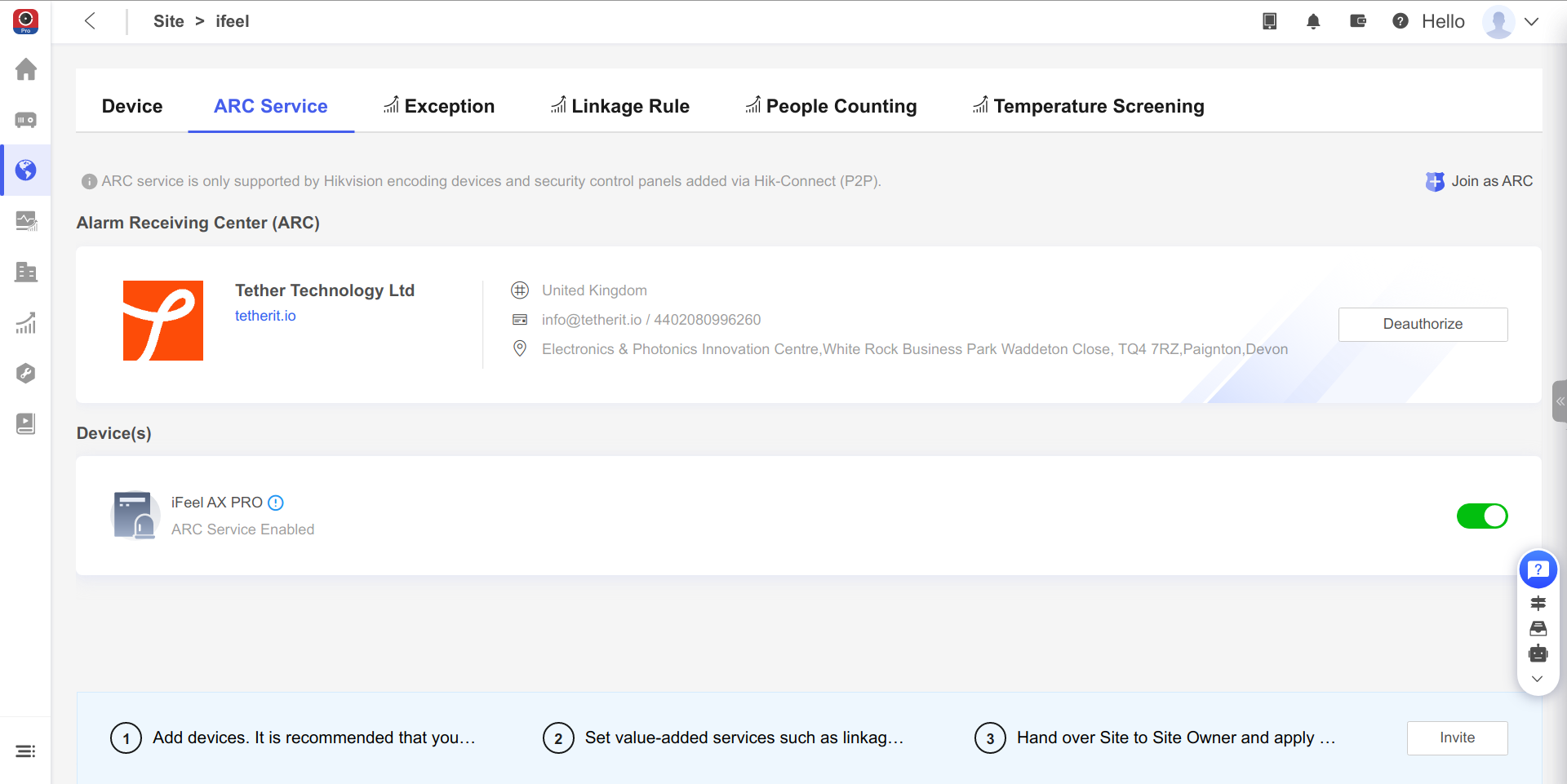Tether Technology Ltd selected with device enabled