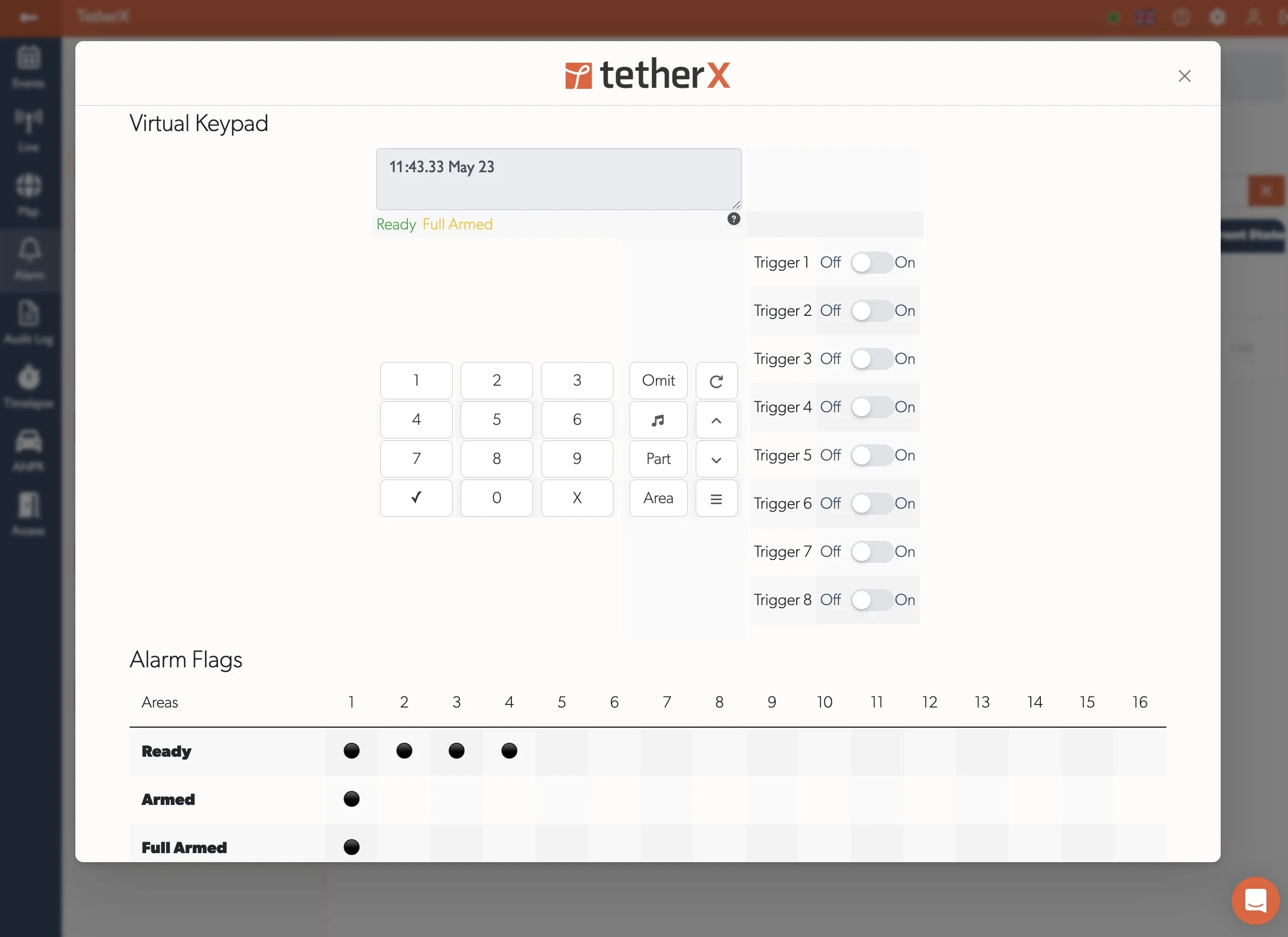 Alarm details with virtual keypad