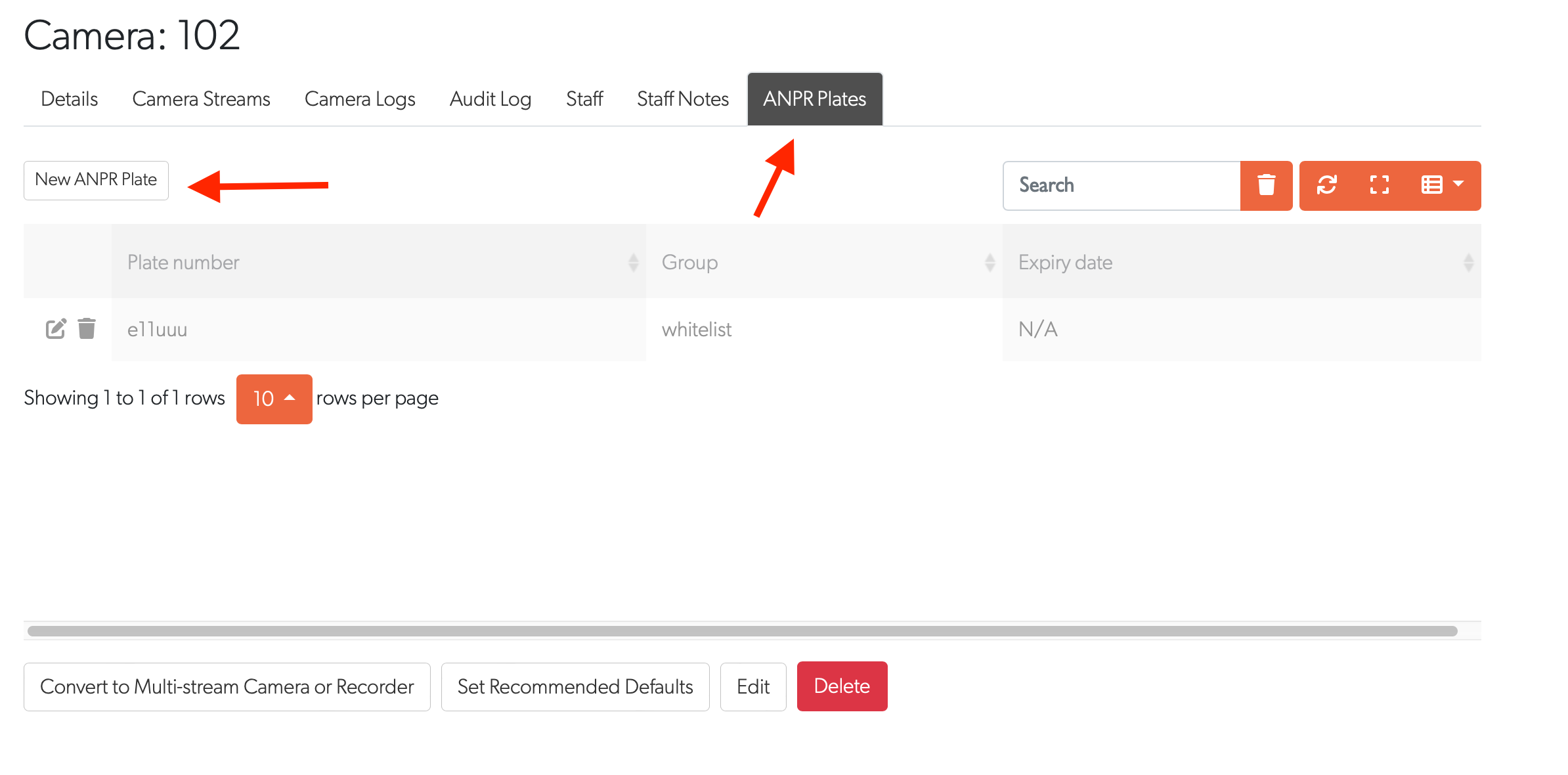ANPR Plates tab with New ANPR Plate button