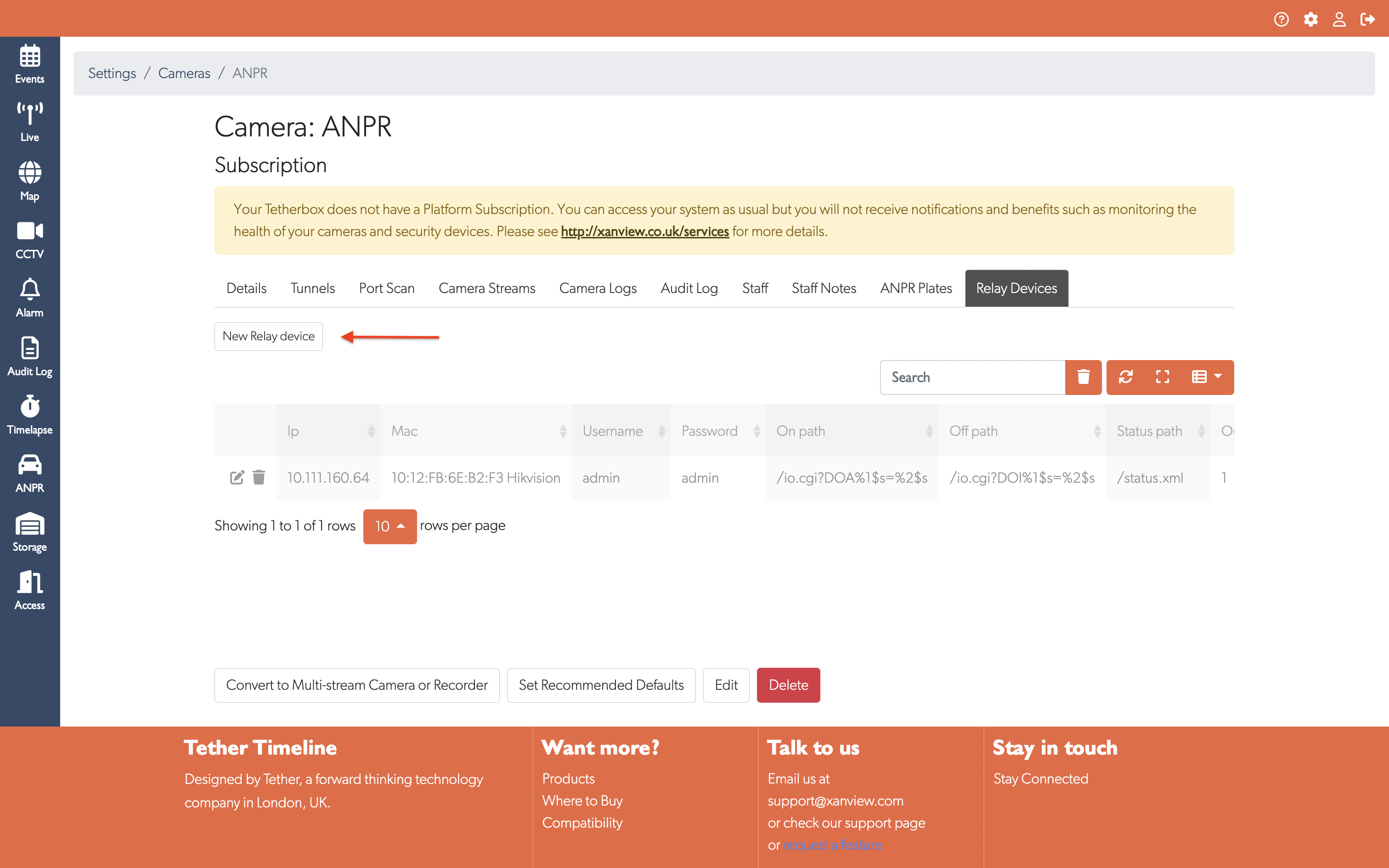 Relay Devices tab with New Relay device button