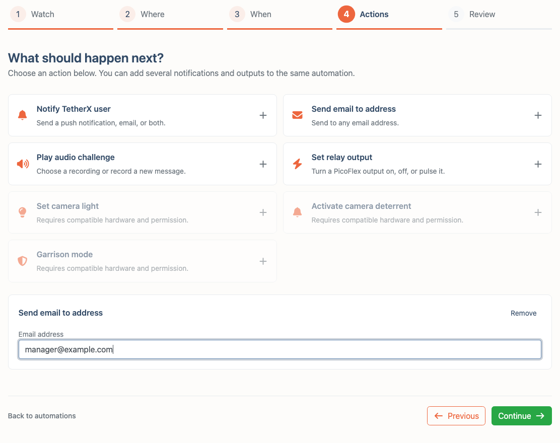 The Actions step with notification, email, audio and relay choices, and an email to manager@example.com configured