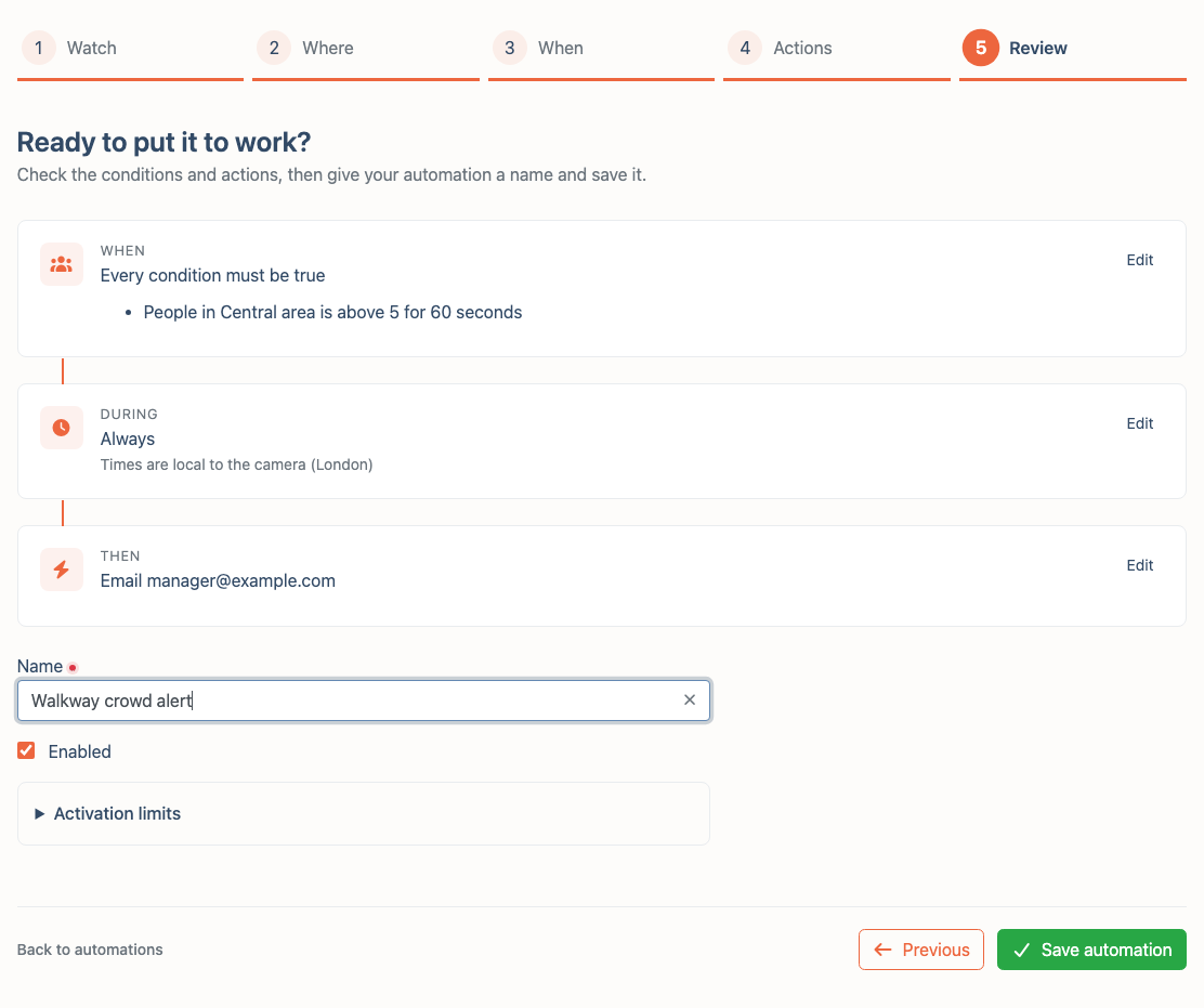The Review step showing the crowd condition, Always schedule, destination email, name, Enabled checkbox and Save automation button