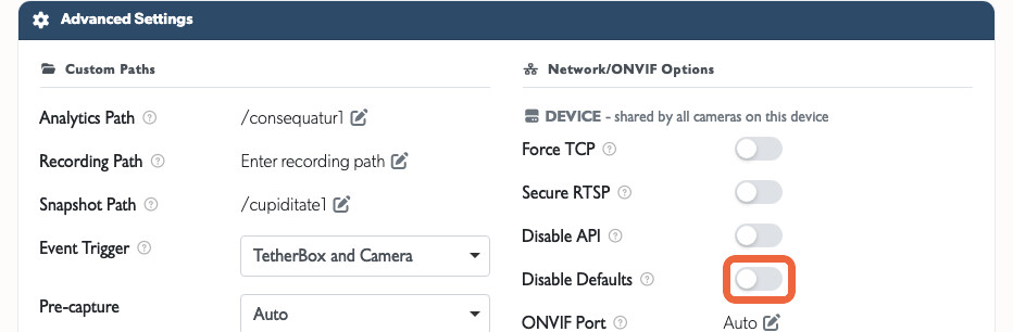 Advanced Settings with Disable Defaults highlighted