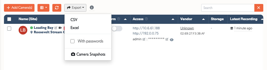 Camera Export menu showing CSV, Excel and Camera Snapshots