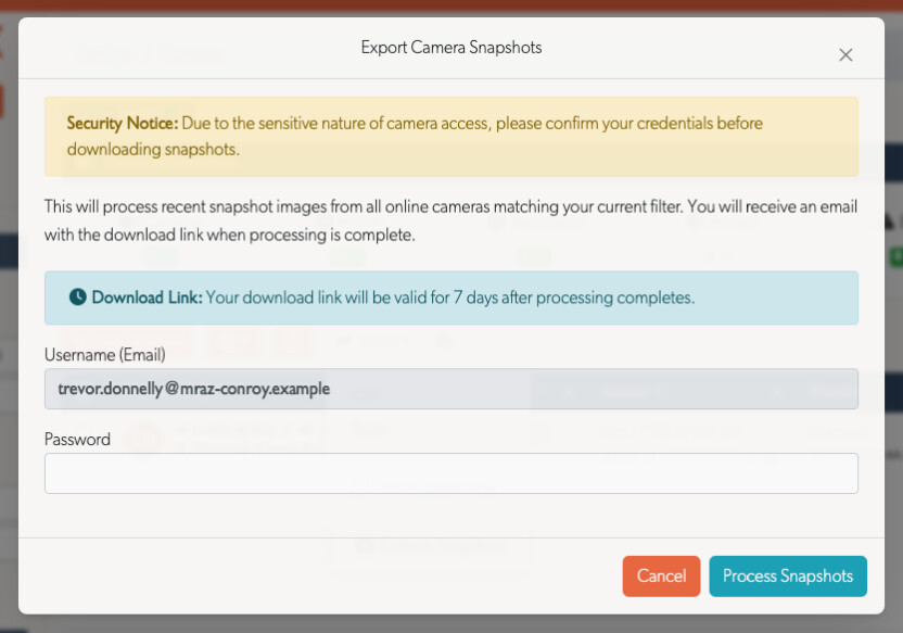 Camera Snapshots dialog requesting a password before processing