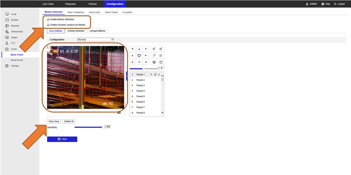 Motion Detection settings with checkboxes and detection area
