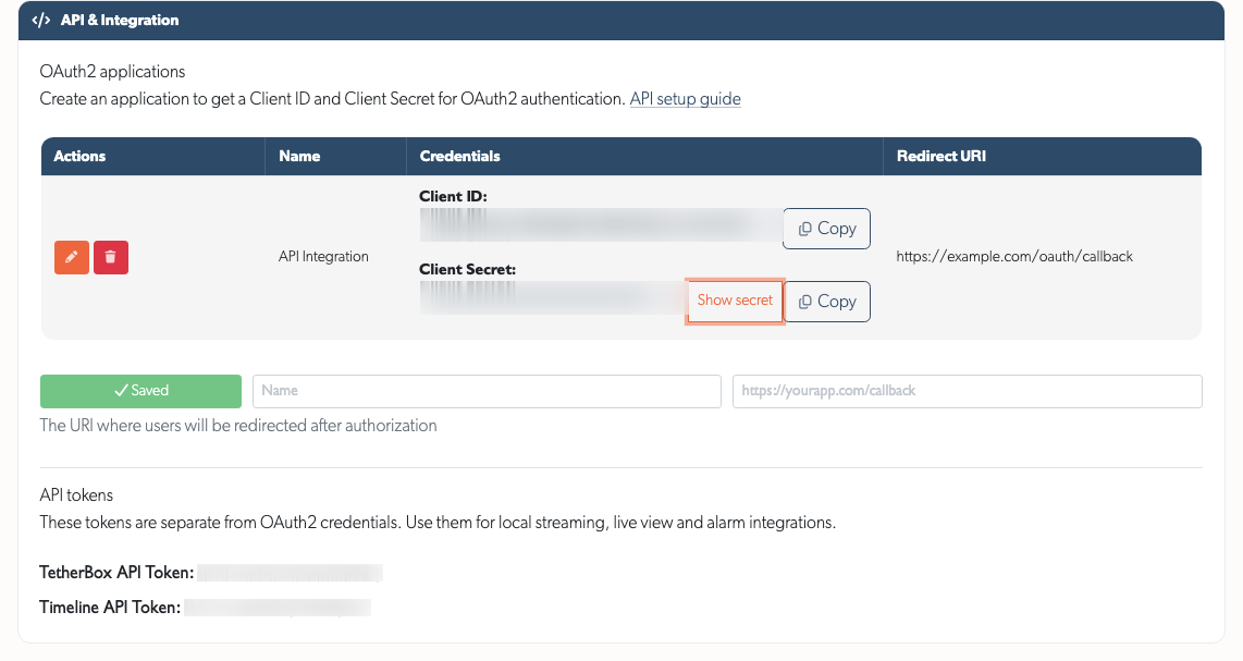 API Details separates OAuth2 credentials from API tokens, with secrets obscured