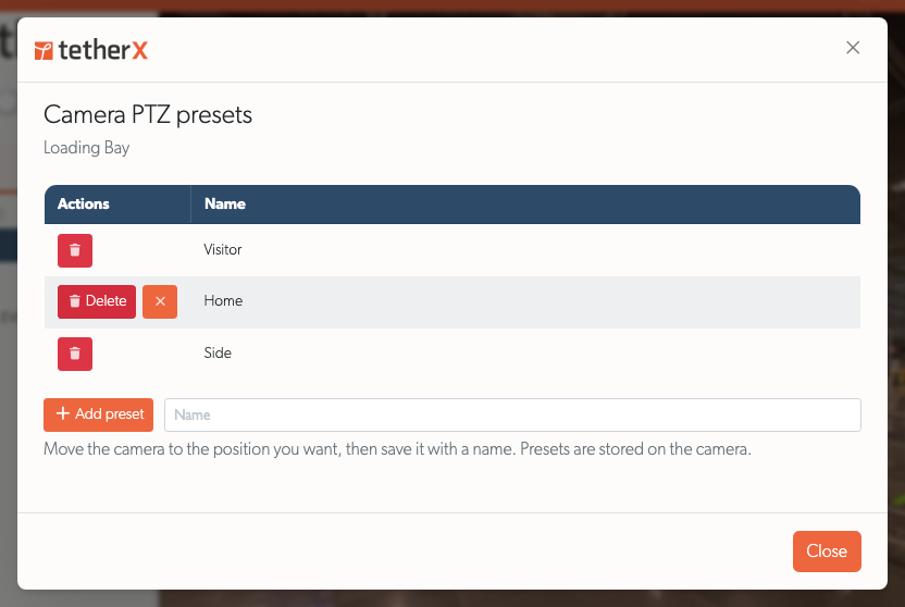 Inline deletion confirmation beside the preset, with Cancel and Delete actions