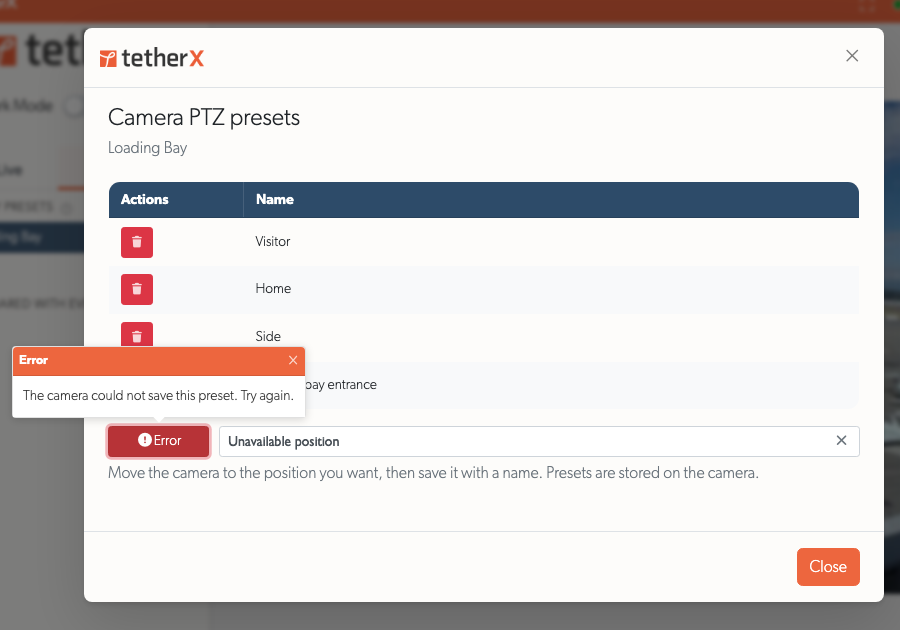 Error on the Add preset button with its failure details open and the name retained
