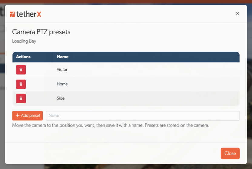 The preset manager listing Visitor, Home and Side, with visible Delete controls and Add preset