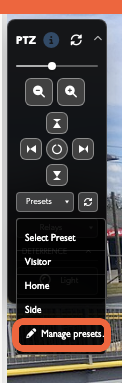 The compact PTZ preset menu with Manage presets highlighted