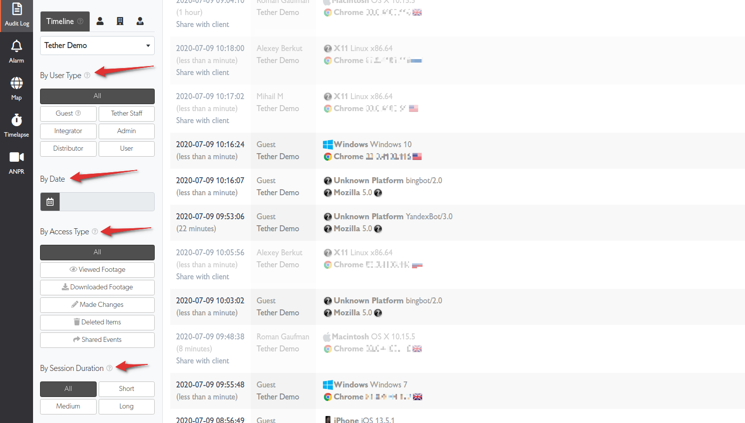 Audit Log filter options