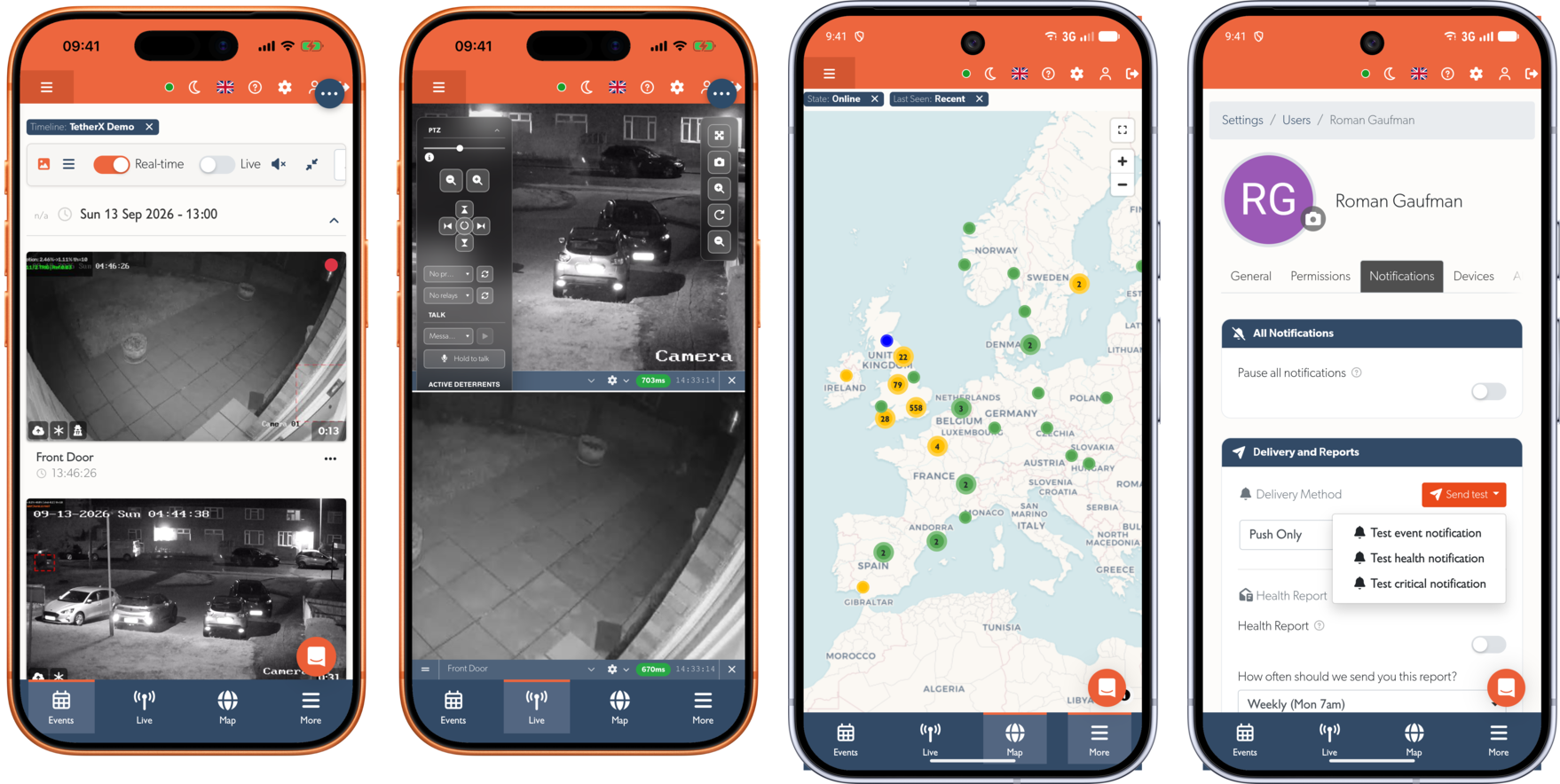 The events list and live view on an iPhone, the site map and the notification settings on a Pixel