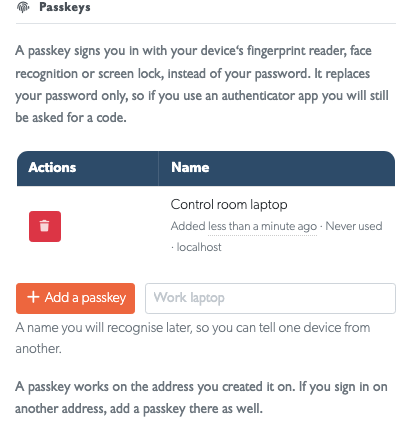 Passkey list and the inline Add a passkey form