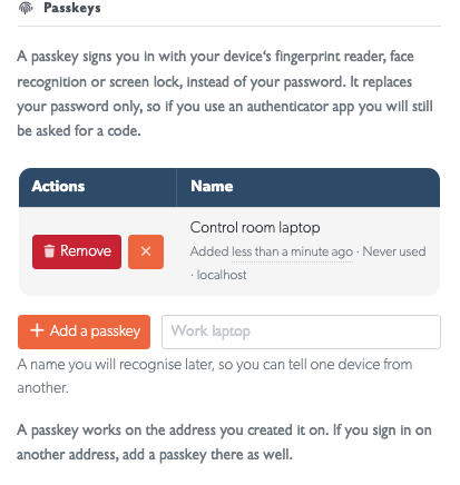 Remove and Cancel at the selected passkey