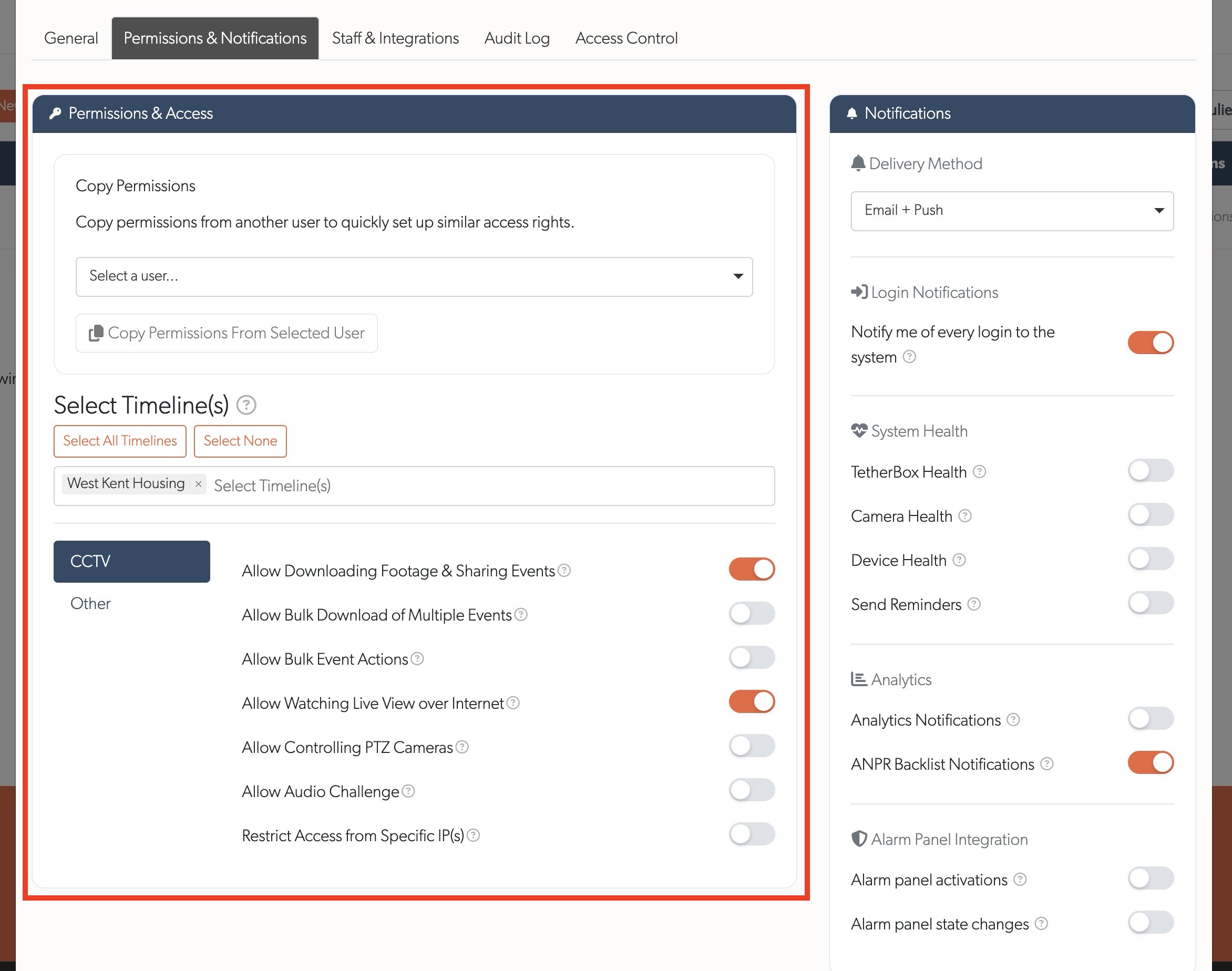 Permissions & Notifications tab