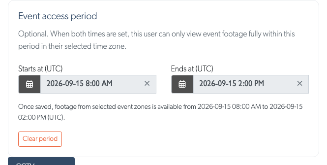 The event access period fields on the user's Permissions tab