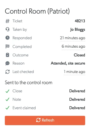 The Control Room panel on an event, showing what Patriot did with the alarm