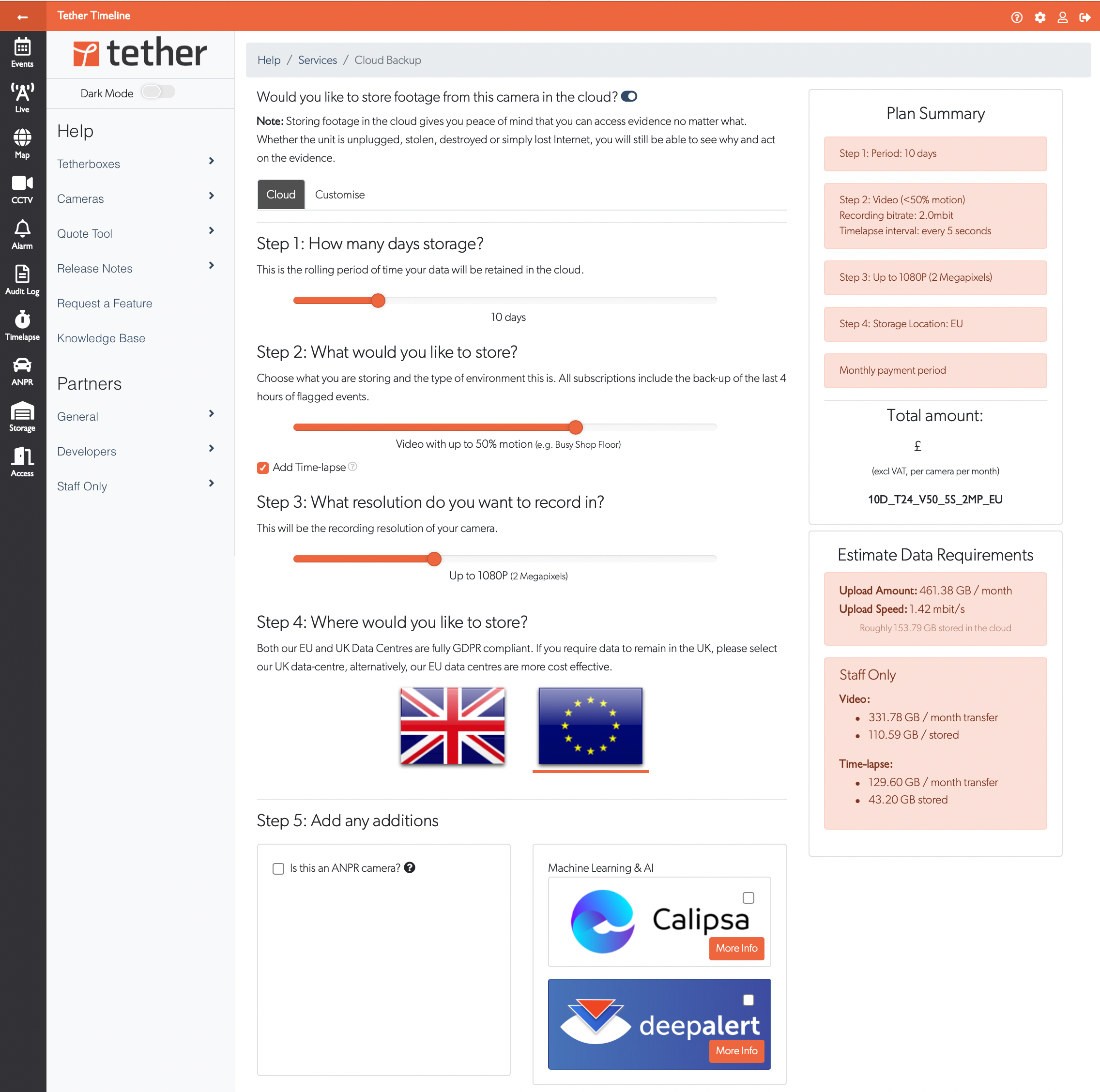 Quote Tool interface showing configuration steps and plan summary
