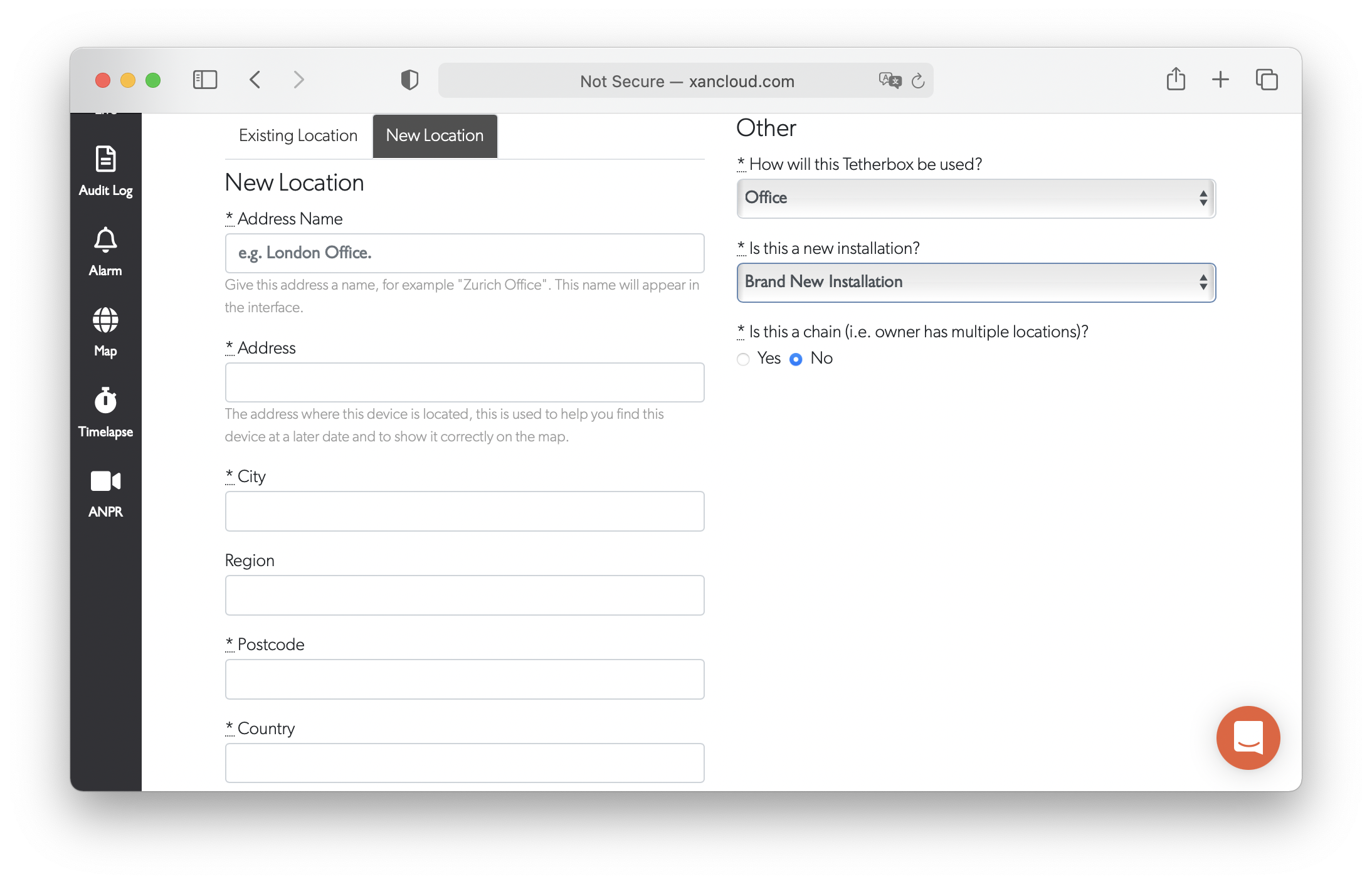 New Site form with address and installation type