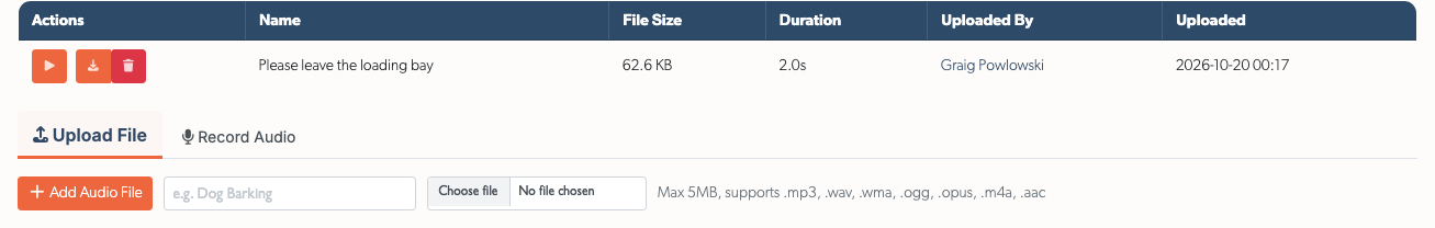 Announcement audio list and compact upload form