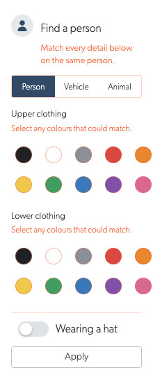 Events search card for a person with upper and lower clothing colour filters and a hat toggle