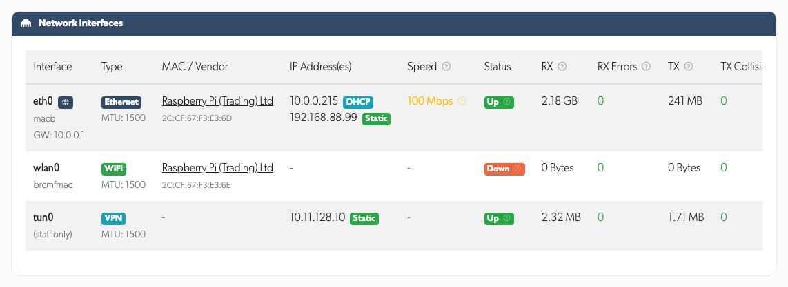 The Network tab, with each interface's speed, duplex, link state and error counters