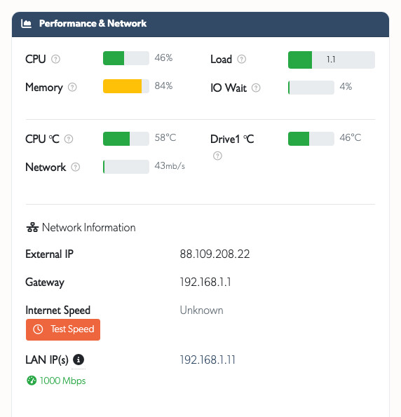 The performance readings on a TetherBox page