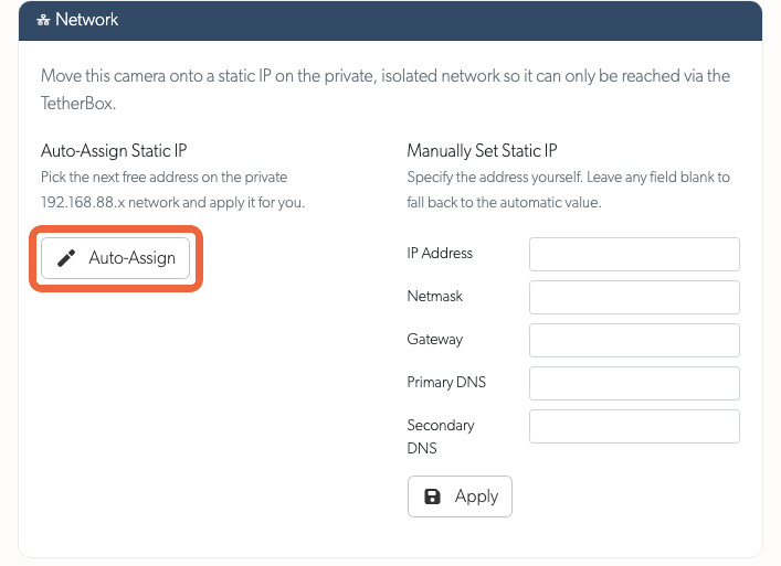 The camera Network section on the API tab, with Auto-Assign for a private static IP