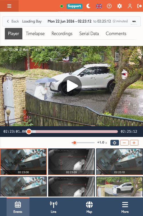 The redesigned event view filling the screen on a phone, with the player, scrub bar and thumbnail grid