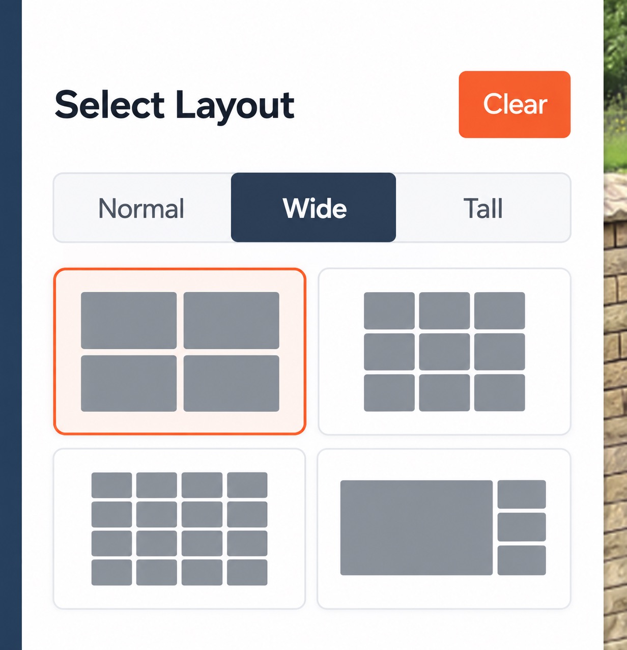 The layout picker on its Wide tab, each shape drawn from the layout it opens